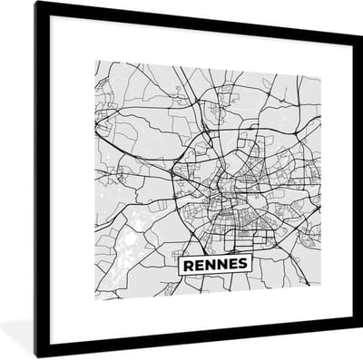 Fotolijst incl. Poster - Kaart - Stadskaart - Frankrijk - Rennes - Plattegrond - 40x40 cm - Posterlijst