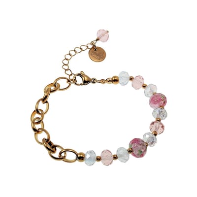 16 - 20cm Armband Dames - Verguld RVS - Ovale Schakelarmband met Roze Kristallen - Murano-Glaskralen - Verstelbaar