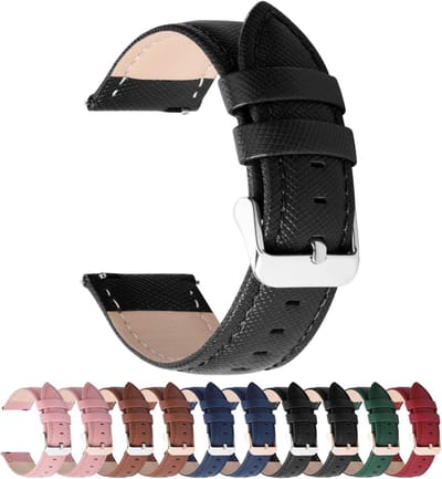 Leren Horlogeband voor Smartwatch, Vervangbare Armband met RVS Sluiting, Beschikbaar in Diverse Maten van 14 mm tot 24 mm, Zwart met Zilveren Gesp