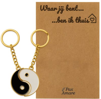 Koppel Sleutelhanger voor 2 'Waar jij bent, ben ik thuis' - Magnetische Yin Yang - Sleutelhanger set op Cadeau Kaartje - Goudkleurig - Persoonlijke Hanger - Pax Amare