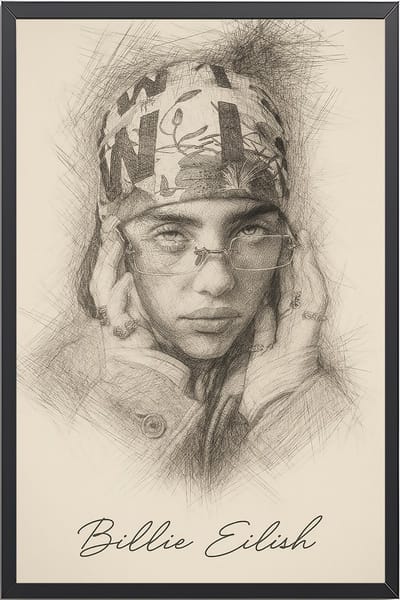 Billie Eilish Poster Ingelijst A3– 30x42cm – Handgetekend Portret – Met Zwarte Lijst – Muziek Poster Wanddecoratie