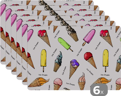 Placemat - Placemats kunststof - IJshoorntjes - IJs - Patroon - 45x30 cm - 6 stuks - Hittebestendig - Anti-Slip - Onderlegger - Afneembaar