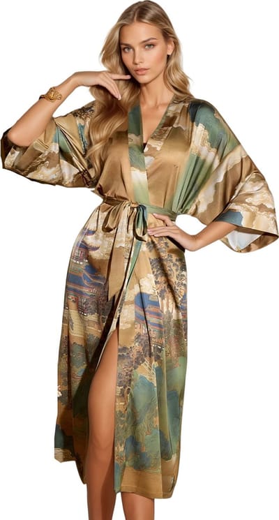Kimomi Kimono Dames – Satijnen Lange Kimono met Japanse Print – one size - Ochtendjas – Luxe Loungewear – Golden Whisper