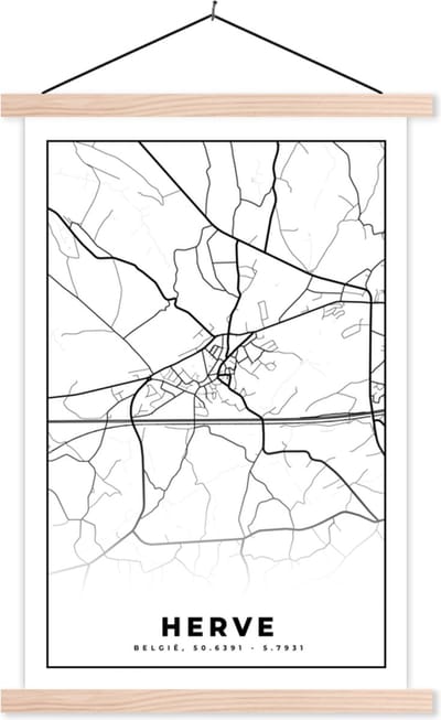Posterhanger incl. Poster 40x60 cm - Schoolplaat - Zwart Wit – België – Plattegrond – Stadskaart – Kaart – Herve - Textielposter - Blanke latten - Stadskaart