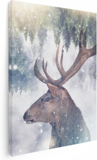 Artaza Canvas Schilderij Hertenkop - 30x40 cm - Klein - Muurdecoratie Gewei - Wanddecoratie Sneeuw Bos - Kamer Accessoires