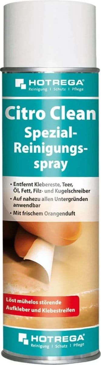 HOTREGA Citro Clean Spezial-Reinigungsspray 500 ml - Skuteczny spray czyszczący z cytrusowym zapachem do usuwania silikonu, kleju, naklejek, smoły, oleju i tłuszczu na różnych powierzchniach