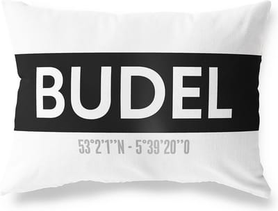 Tuinkussen BUDEL - NOORD-BRABANT met coördinaten - Buitenkussen - Bootkussen - Weerbestendig - Jouw Plaats - Studio216 - Modern - Zwart-Wit - 50x30cm