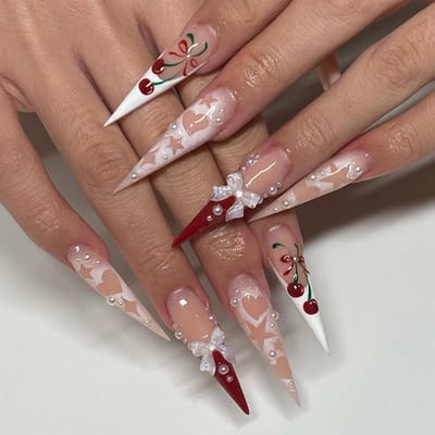 Dailygoods- Press-on Nagels Lange Stiletto - 24 Stuks - Kersenboog/Strikdesign - ABS-Kunststof - Multisize - Herbruikbaar - Kunstnagels