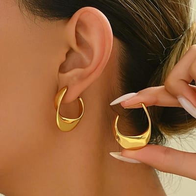 Boucles d'oreilles créoles épaisses dorées en acier inoxydable, clips d'oreilles ronds brillants en zircone cubique, bijoux tendance pour fête de mariage brown