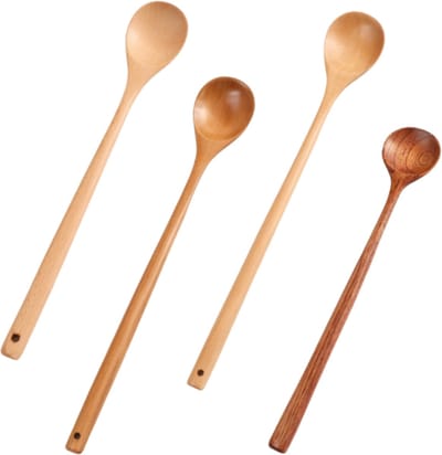 4-delige set - Houten roerlepel - Soeplepel met handvat - Keukengerei - 4 stijlen - Houtkleur