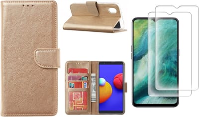 Hoesje Geschikt Voor Samsung Galaxy A01 Core Hoesje met Pasjeshouder booktype case / wallet cover Goud 2 pack Screenprotector / tempered glass
