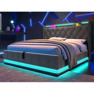 ModernLuxe Linnenbed van 140x200 cm - met LED- en USB- en Type-C-aansluitingen - Grijs