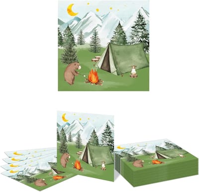 20 Stuks Papieren Servetten voor Kampeerthema, Verjaardagsdecoraties met Tent, Vuurplaats en Avontuurlijke Beren voor Feesten en Hiking