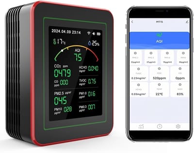 Professionele 15-in-1 luchtkwaliteitsmeter met smartphone-app – sensoren voor het meten van CO₂, PM2,5/PM10, HCHO en TVOC | realtime waarschuwingen en aanpasbare drempelwaarden – zwart