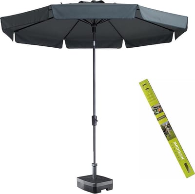 Parasol rond grijs met voet en hoes! Madison Flores 300 cm | Topkwaliteit ronde en kantelbare parasol
