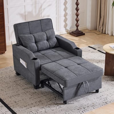 DESMIU Fauteuil 87 X 72,5 X 84 Cm - 3 In 1 Uitschuifbare Slaapstoel Met Verstelbare Rugleuning, Bekerhouders En Usb Aansluiting - Voor Kleine Ruimtes - Stof Donkergrijs