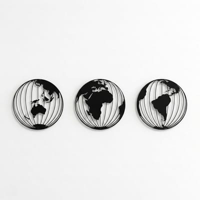 Metalen Wereldkaart - Wanddecoratie - Muur Decoratie - Uniek 3 Bollen Design - 71 cm Breed - Zwart