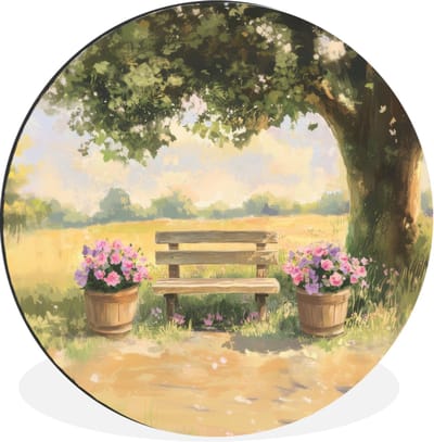 WallCircle - Wandcirkel - Muurcirkel - Houten bankje - Bloempotten - Landschap - Aluminium - Dibond - 30x30 cm - Binnen en Buiten