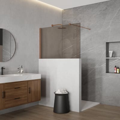 FugaFlow Eccelente Vetro Halfhoge Inloopdouche - 120x80cm - rookglas - 8mm - nano - met profiel en stabilisatiestang - Geborsteld koper PVD (Koper)