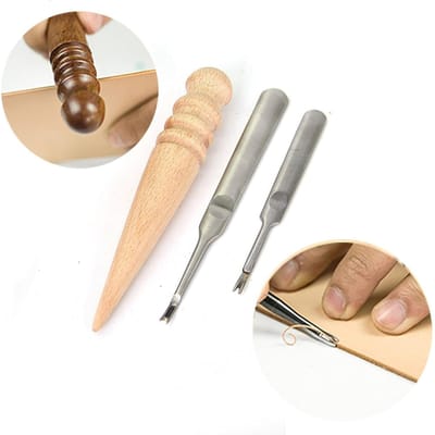 18-delige lederen naaigereedschappen, ambachtelijke DIY-handstikset met Groover Priem gewaxte vingerhoed beige