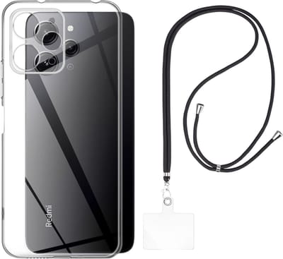 Set met hoesje en nekband voor xiaomi redmi 12 4g - Flexibele, transparante TPU-bescherming, verstelbare universele nekband voor mobiele telefoons, zwarte nekband, transparante draagriem van Phonillico®