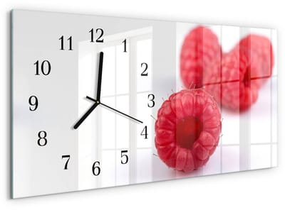 Tulup Wandklok - Frambozen Wandklok Glas Decoratie - 60x30 cm - Rood Gekleurde Glazen Klok - Zwarte Handen - Rechthoekige Wandklok - Glazen Klok Met Print - Wandklok Glas Met Motief