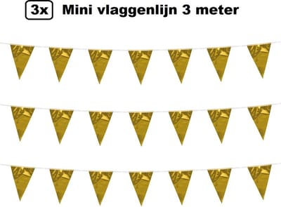 3x Mini vlaggenlijn goud 3 meter - 10x 15cm - Huwelijk thema feest festival vlaglijn party