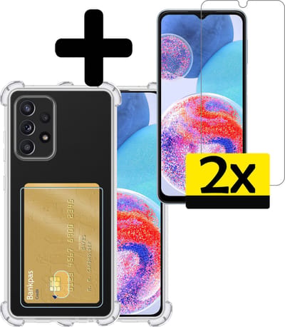 Hoesje - Geschikt voor Samsung Galaxy A23 - Met 2x Screenprotector - Pashouder - Kaarthouder - Telefoon Hoes Shockproof - Siliconen Case - Back Cover - Shock Proof - Pasjes Houder - Telefoonhoesjes - Transparant