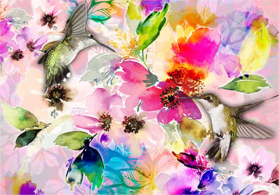 Fotobehangkoning - Behang - Vliesbehang - Fotobehang  Kolibrie - Bloemen -  Kolibries - Kunst - Colours of Nature - 150 x 105 cm