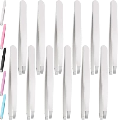12 Stuks 3.79 Inch Witte Wenkbrauwpincetten van RVS met Schuine Punt, Professionele Pincet Set voor Wenkbrauwen, Gezicht en Haarverwijdering, Geschikt voor Mannen en Vrouwen