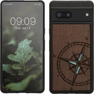 kwmobile telefoonhoesje geschikt voorGoogle Pixel 7 - Hoesje met bumper - hout - In donkerbruin Parelmoer kompas design