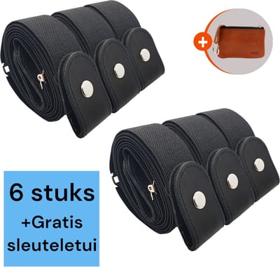 Safekeepers Riem zonder gesp - Elastische riemen dames - Heren Riem - Unisex - 6 Stuks - Gespvrije Riem - Zonder Gesp riem - Zwart