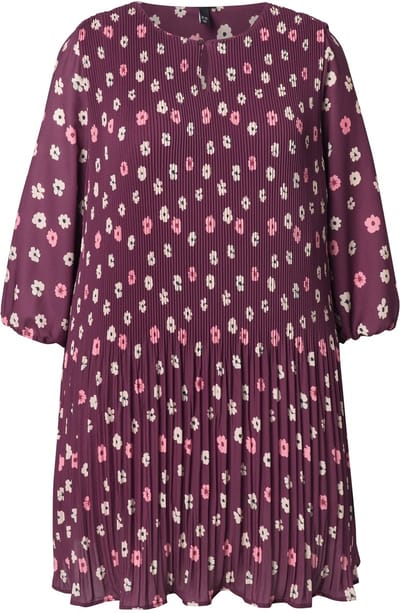 Ulla Popken - Dames - Geplooide jurk bloemen dubbellaags ronde hals 3/4-mouw - Donker wijnrood - Maat 50+