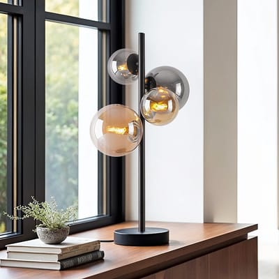 Design tafellamp Tessera zwart met amber en smoke glas, 4-lichts