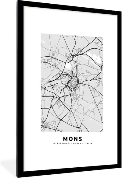 Fotolijst incl. Poster Zwart Wit- België – Mons – Stadskaart – Kaart – Zwart Wit – Plattegrond - 60x90 cm - Posterlijst