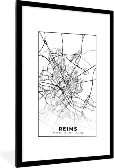 Fotolijst incl. Poster Zwart Wit- Kaart - Plattegrond - Reims - Frankrijk - Stadskaart - Zwart wit - 60x90 cm - Posterlijst