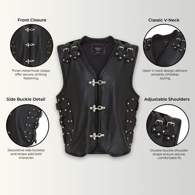 Heren zwart biker leren vest met metalen gespen - Coolgardie