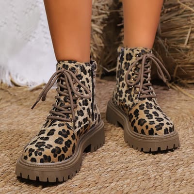 Dames Enkelboots met Dikke Zool Luipaardprint Mode Zijrits Veters Platform Booties Vrouw Herfst Winter Antislip Gevechtslaarzen 39 brown