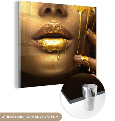 MuchoWow® Glasschilderij 50x50 cm - Schilderij acrylglas - Vrouw - Verf - Goud - Foto op glas - Schilderijen