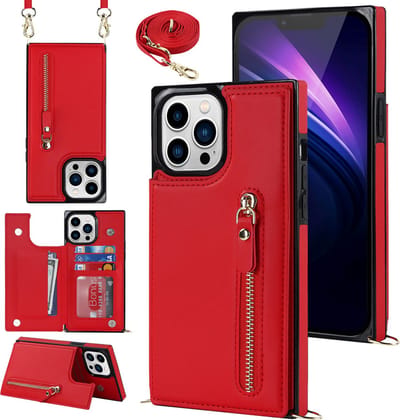 Casemania Hoesje Geschikt voor Apple iPhone 14 Pro - Rood - Luxe Back Cover met Koord / Rits - Wallet Case met Pasjeshouder - Lanyard Telefoonhoes - Cord Case