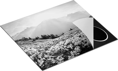 Chefcare Inductie Beschermer Rhododendron Bloemenveld in de Alpen - Zwart Wit - 60x55 cm - Afdekplaat Inductie - Kookplaat Beschermer - Inductie Mat