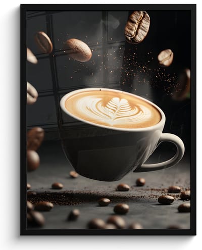 Poster in lijst - Fotolijst 50x70 cm - Posters - Cappuccino - Kop - Bonen - Bruin - Posterlijst zwart - Decoratie - Wanddecoratie woonkamer - Muurdecoratie slaapkamer