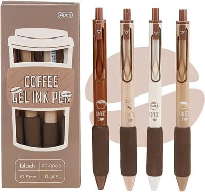Ainy Koffie Balpennen - set van 4 stuks zwarte pennen met zachte kussengrip voor kinderen en volwassenen - kawaii middelbare schoolspullen