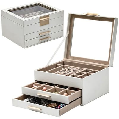 JORDAN&JUDY Sieradendoos met meerdere lagen, kleine oorbeldoos, ringopbergdoos, kettingdoos, sieradencase – 3 lagen wit