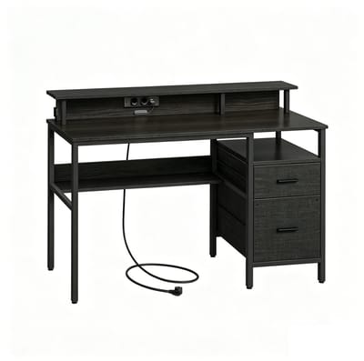 Computerbureau bureau opbergwerkplek met LED sfeerverlichting, monitorstandaard en stroomaansluitingen multifunctioneel opbergontwerp met meerdere lades stevig en duurzaam metalen frame eenvoudig te monteren en schoon te maken 55×135×90 cm zwart