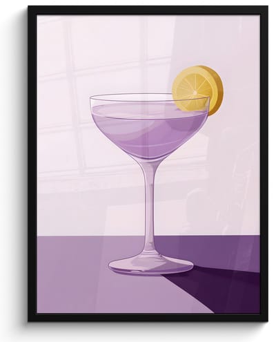 Poster in lijst - Fotolijst 50x70 cm - Posters - Cocktail - Paars - Minimalistisch - Citroen - Posterlijst zwart - Decoratie - Wanddecoratie woonkamer - Muurdecoratie slaapkamer