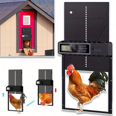 Automatische Kippenhokdeur Met Tijd-/Handmodus Anti-Klem LCD-Scherm - Weerbestendig IPX45 Aluminium & ABS - Werkt Op Batterijen Eenvoudig Te Installeren - Zwart