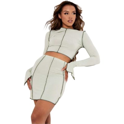 Missy Empire Crop-top voor dames met contrasterende geribde mouwen met split (Salie)