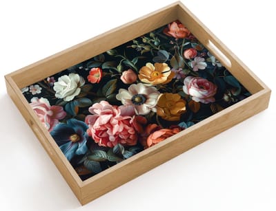 Dienblad hout 40x30 cm - Schootdienblad - Vintage - Kleurrijk - Bloemen - Modern - Borrelplank rechthoek - Plateau dienbladen