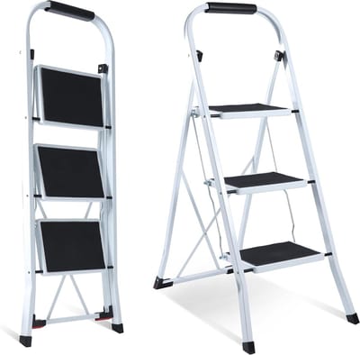 Opvouwbare Trapladder - Huishoudtrap Stevig - Klusjes Thuis - Antislip Handgreep - 3 Treden - Wit